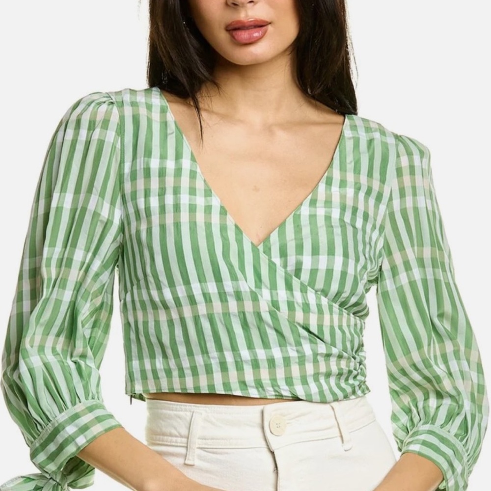 Cinq a Sept Flora Gingham Wrap Top‎ Tie Sleeve Blouse Green NWT- L